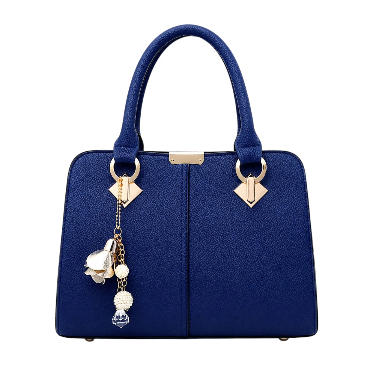Zanti Blue Leather Handbag With Decorative Floral Charm